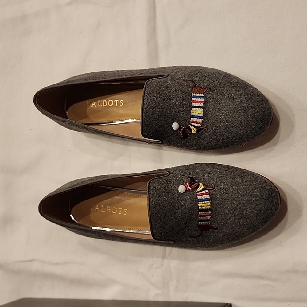 Talbots Gray Wool Embroidered Dachshund Flats